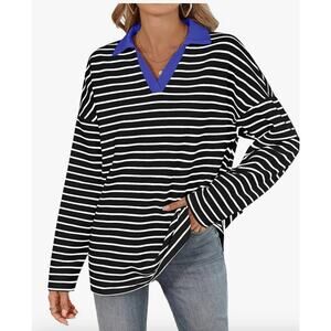 Women’s Striped Johnny Collar Long Sleeve T-Shirt Black /white Small